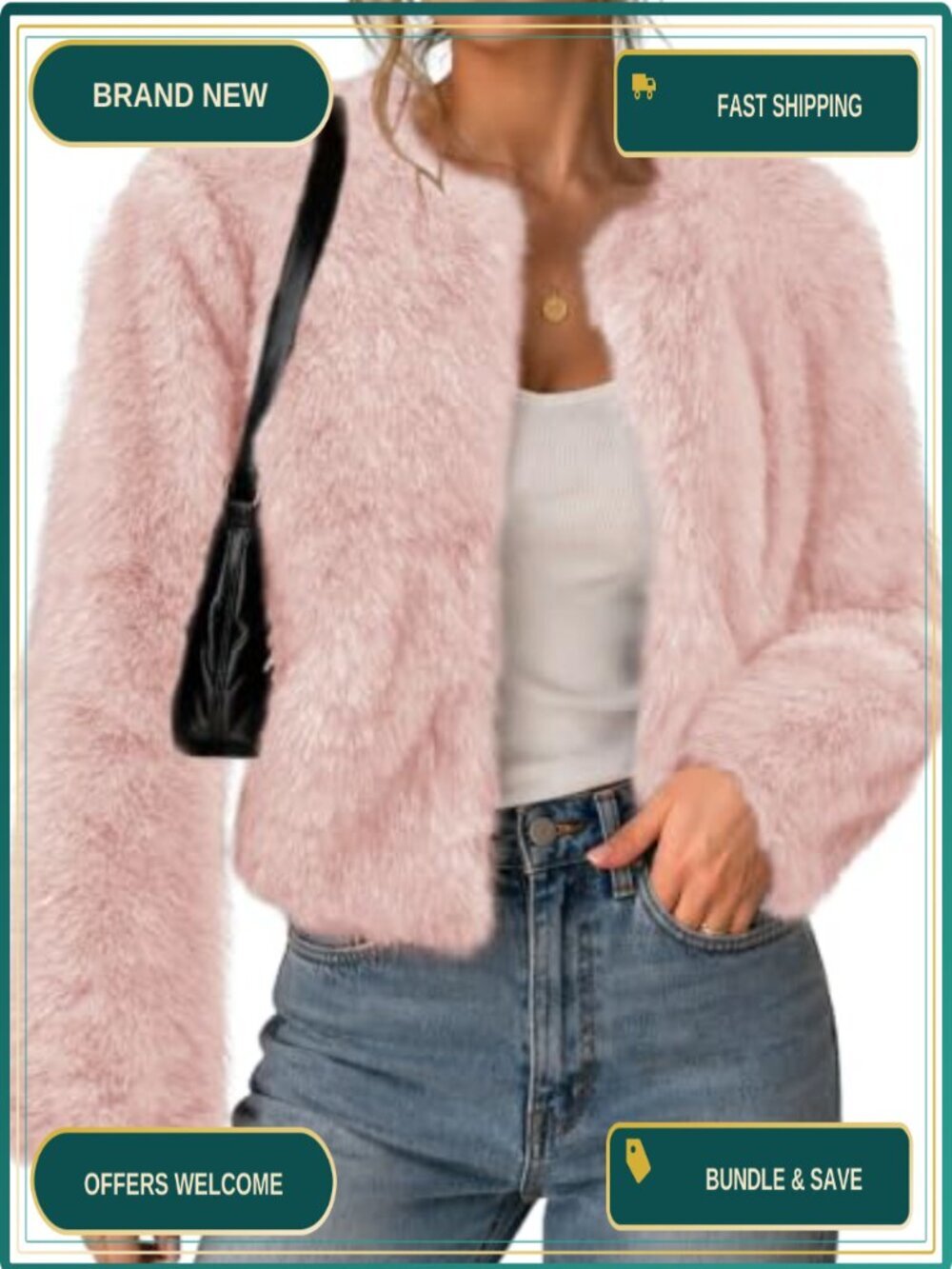 LOMON Women's Cropped Faux Fur Coat Long Sleeve Open Front Cardigan